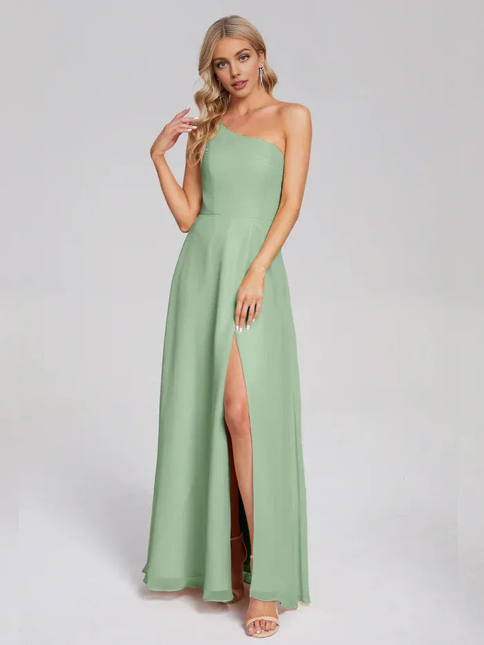 A-Line One-Shoulder Chiffon Sleeveless High Slit Floor-Length Wedding Dress - Chloe Dress