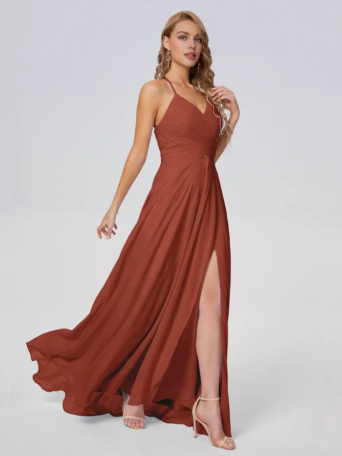 A-Line Spaghetti Strap Chiffon Sleeveless Pleated Floor-Length Wedding Dress - Chloe Dress