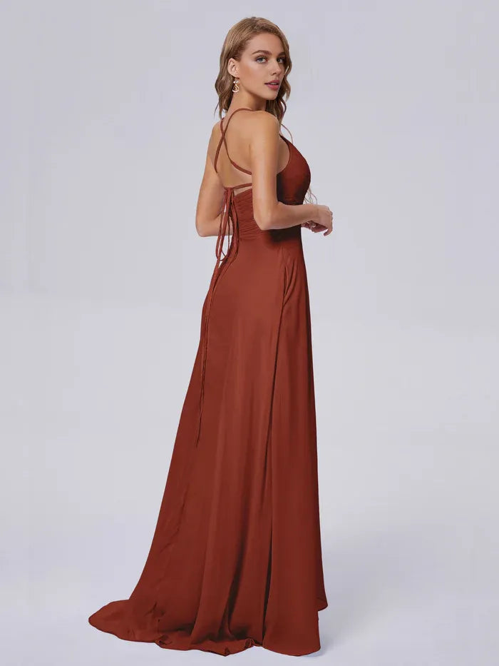 A-Line Spaghetti Strap Chiffon Sleeveless Pleated Floor-Length Wedding Dress - Chloe Dress