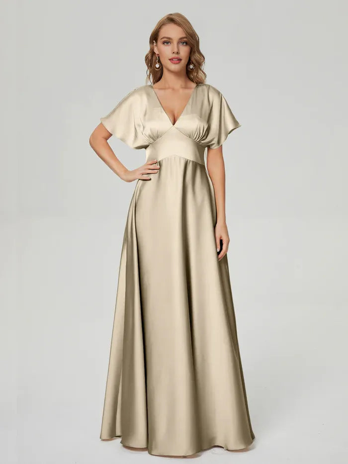 A-Line V-Neck Satin Short Sleeve Pleated Floor-Length Wedding Dress - Chloe Dress