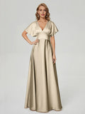 A-Line V-Neck Satin Short Sleeve Pleated Floor-Length Wedding Dress - Chloe Dress