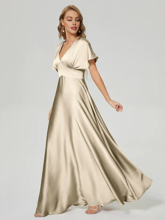 A-Line V-Neck Satin Short Sleeve Pleated Floor-Length Wedding Dress - Chloe Dress