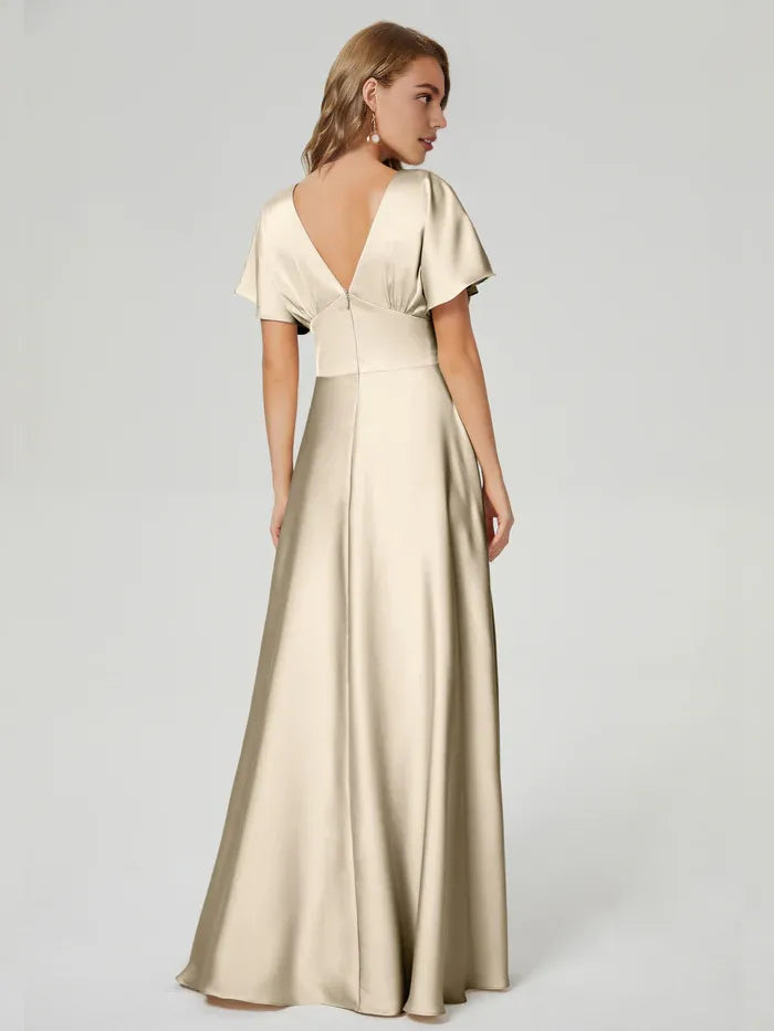 A-Line V-Neck Satin Short Sleeve Pleated Floor-Length Wedding Dress - Chloe Dress