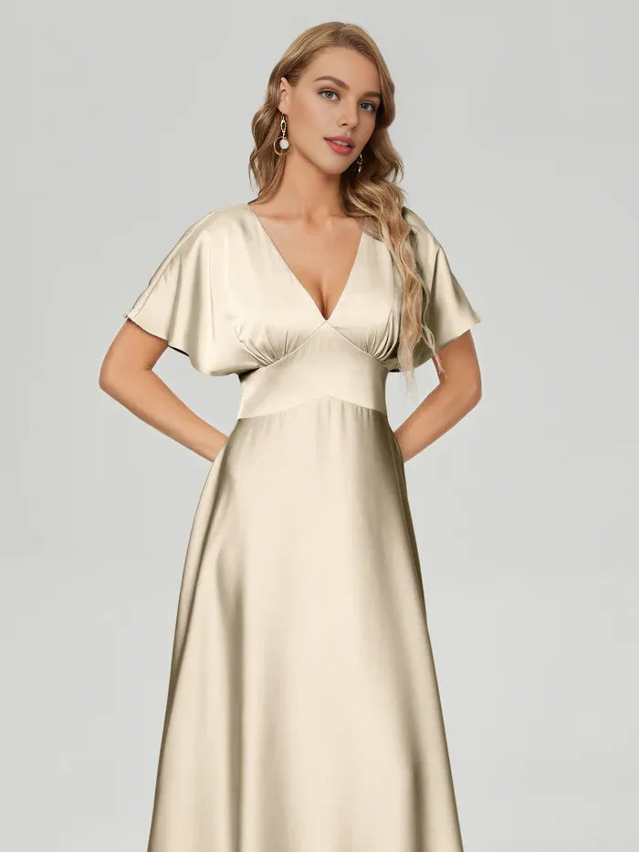 A-Line V-Neck Satin Short Sleeve Pleated Floor-Length Wedding Dress - Chloe Dress