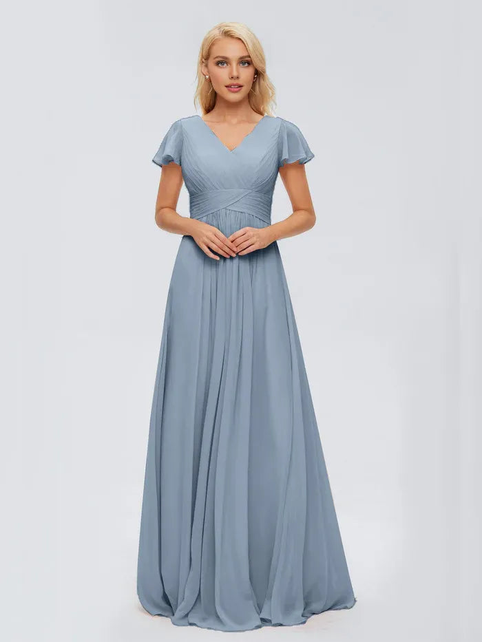 A-Line V-Neck Chiffon Cap Sleeve Ruffled Floor-Length Wedding Dress - Chloe Dress