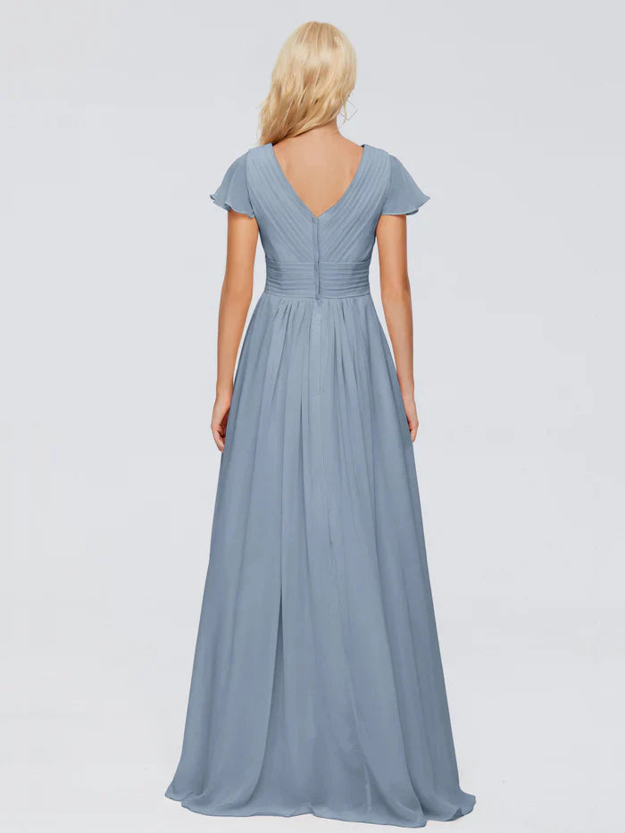 A-Line V-Neck Chiffon Cap Sleeve Ruffled Floor-Length Wedding Dress - Chloe Dress