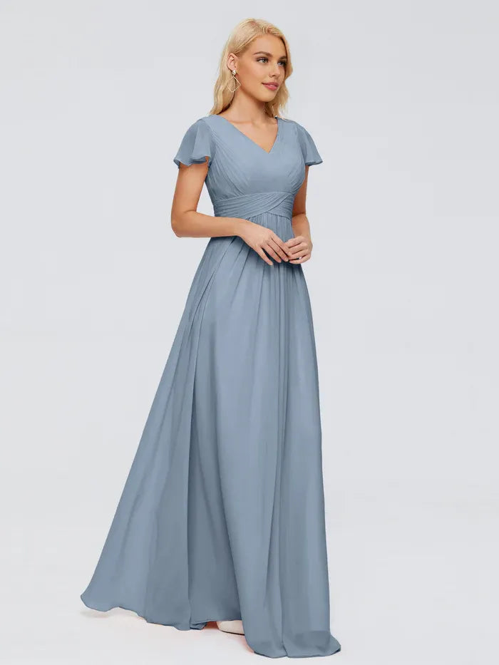A-Line V-Neck Chiffon Cap Sleeve Ruffled Floor-Length Wedding Dress - Chloe Dress