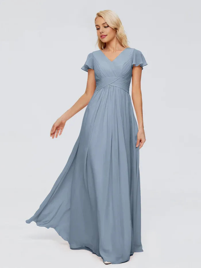 A-Line V-Neck Chiffon Cap Sleeve Ruffled Floor-Length Wedding Dress - Chloe Dress