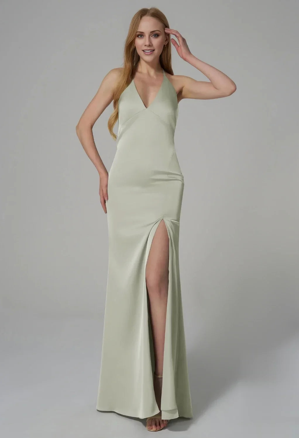 Mermaid Halter Lace Sleeveless Lace-Up Back High Slit Floor-Length Wedding Dress - Chloe Dress
