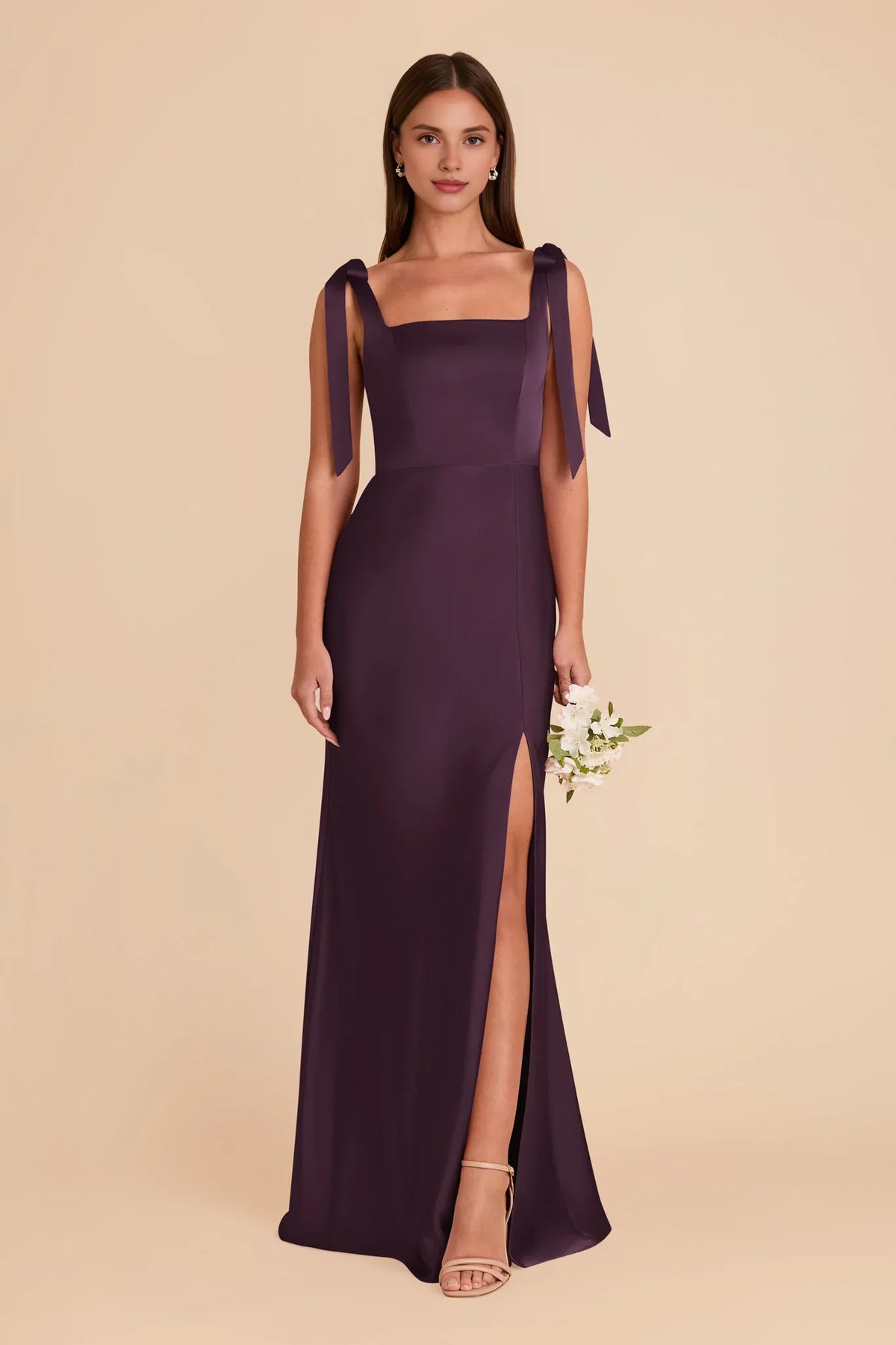 Plum Square Neck Satin Sleeveless Floor-Length Wedding Dress - Chloe Dress