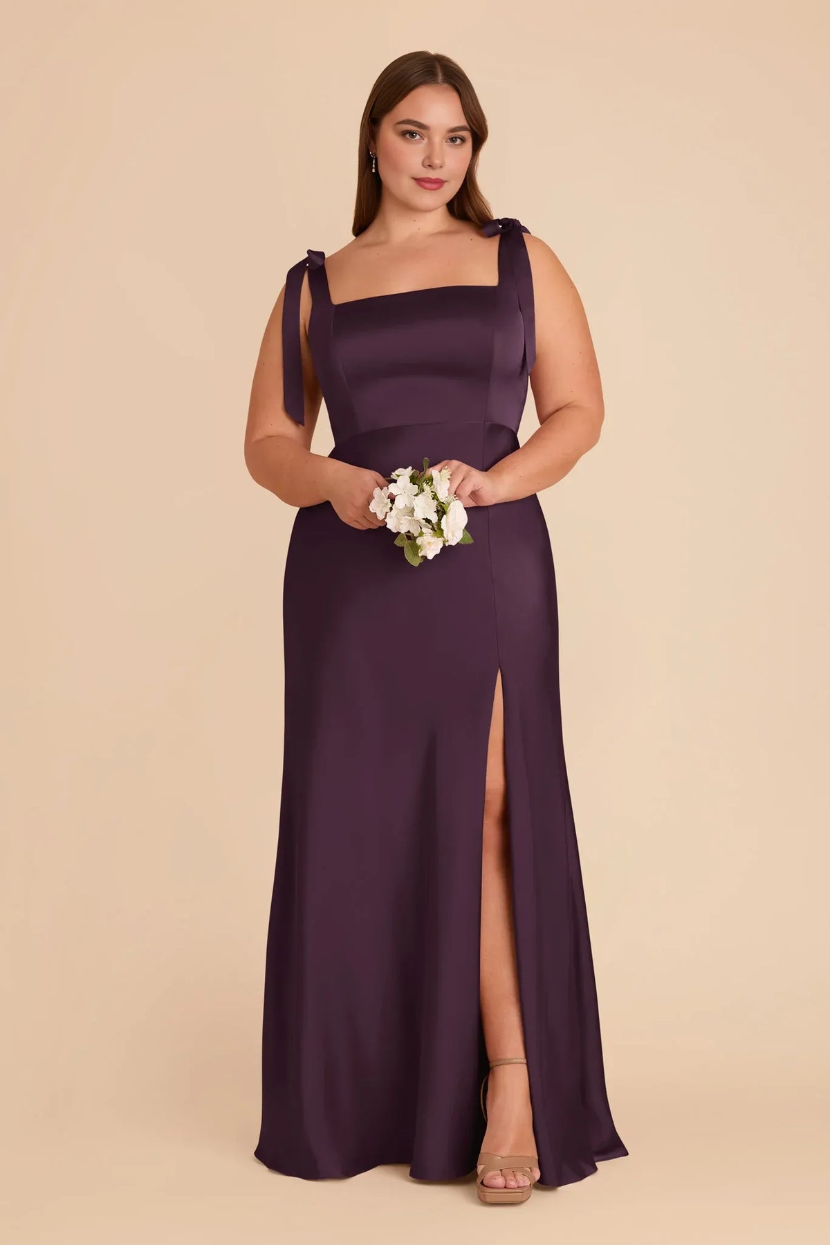 Plum Square Neck Satin Sleeveless Floor-Length Wedding Dress - Chloe Dress