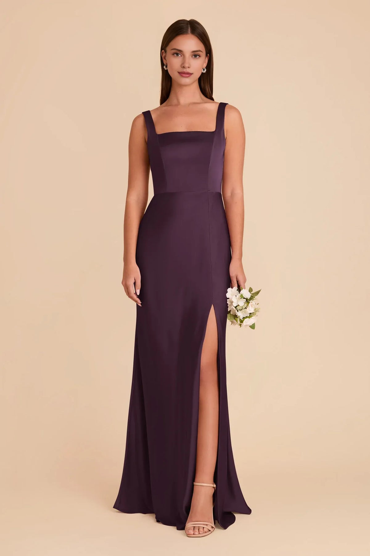 Plum Square Neck Satin Sleeveless Floor-Length Wedding Dress - Chloe Dress