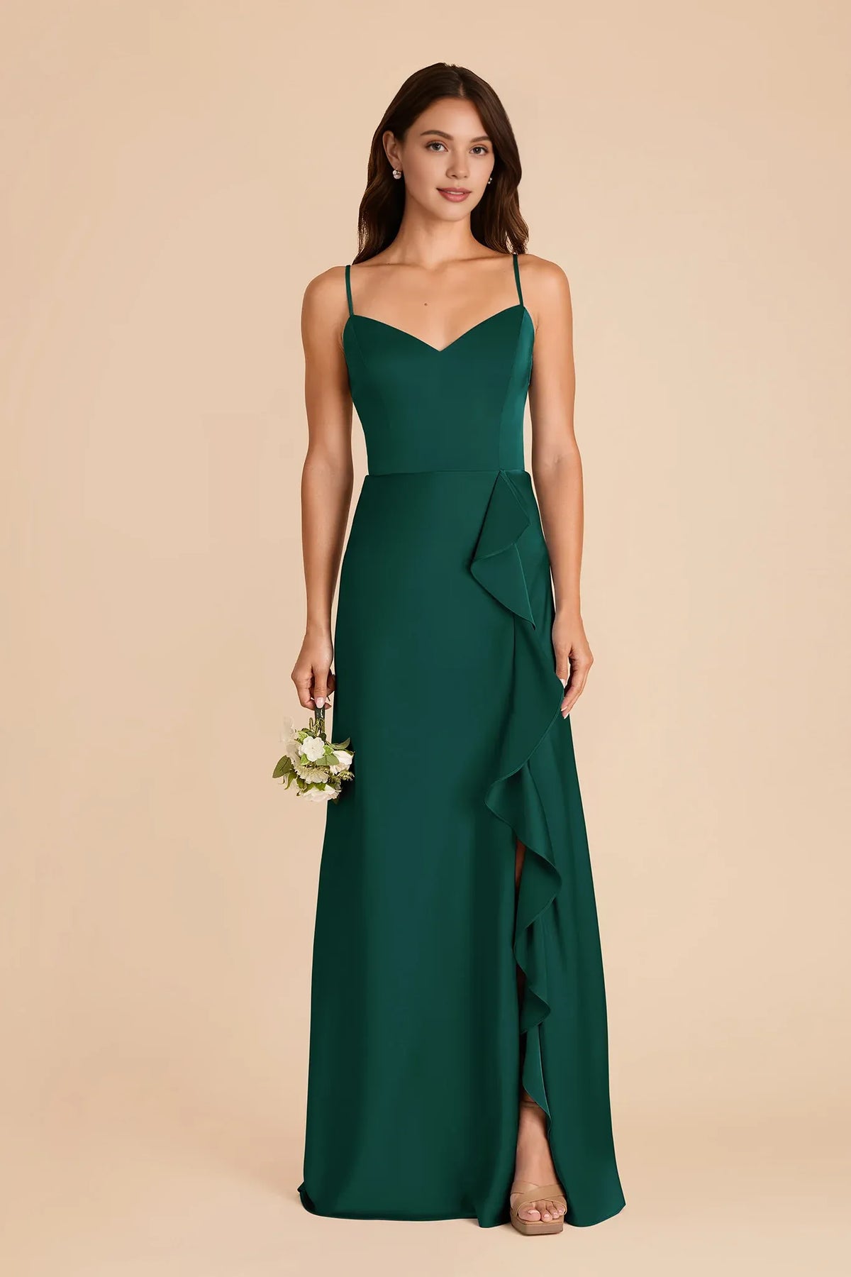 A-Line Spaghetti Strap Satin Sleeveless Ruffled Floor-Length Wedding Dress - Chloe Dress