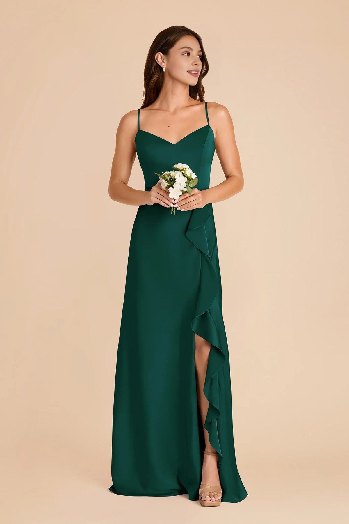 A-Line Spaghetti Strap Satin Sleeveless Ruffled Floor-Length Wedding Dress - Chloe Dress