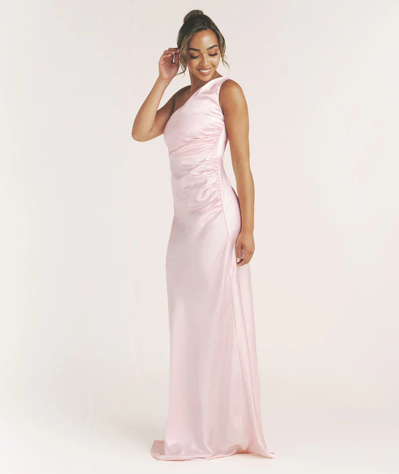 Blush Pink Bodycon One-Shoulder Satin Floor-Length Wedding Dress - Chloe Dress