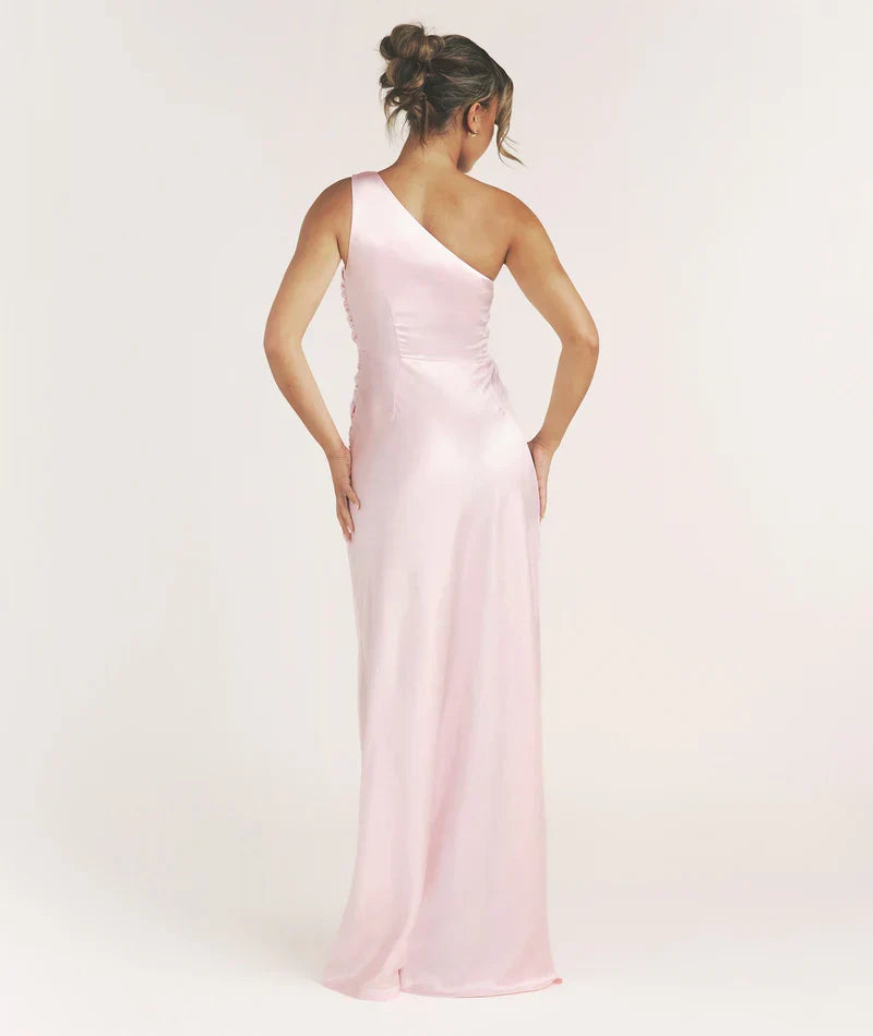 Blush Pink Bodycon One-Shoulder Satin Floor-Length Wedding Dress - Chloe Dress