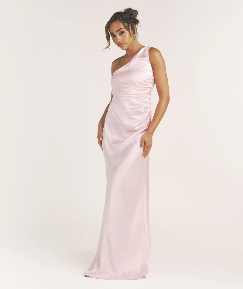 Blush Pink Bodycon One-Shoulder Satin Floor-Length Wedding Dress - Chloe Dress