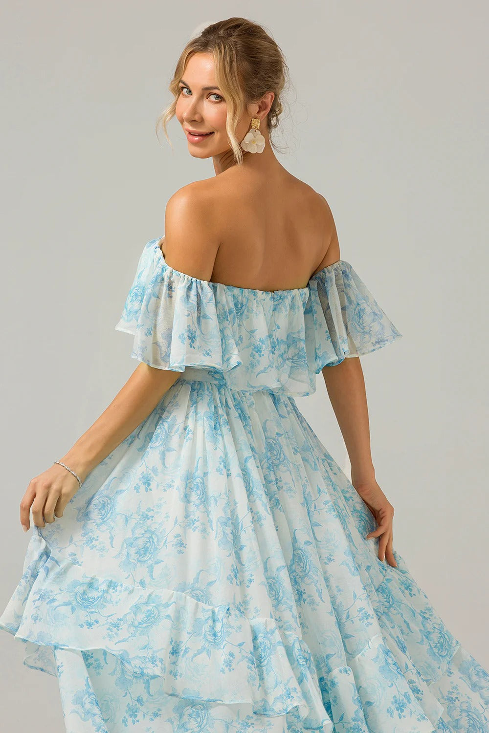 Sky Blue Chiffon Ruffled Floor-Length Dress - Chloe Dress