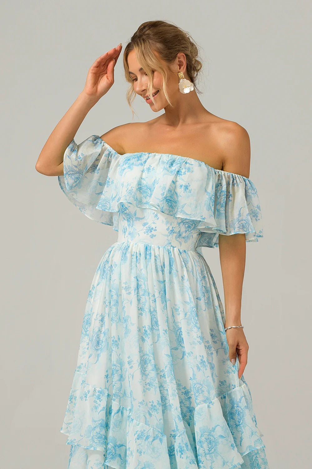 Sky Blue Chiffon Ruffled Floor-Length Dress - Chloe Dress