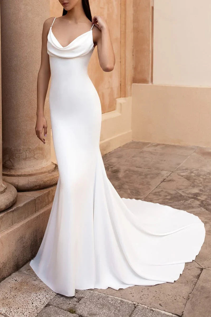 Spaghetti Strap Cowl Back Mermaid Wedding Dress Buttons Train