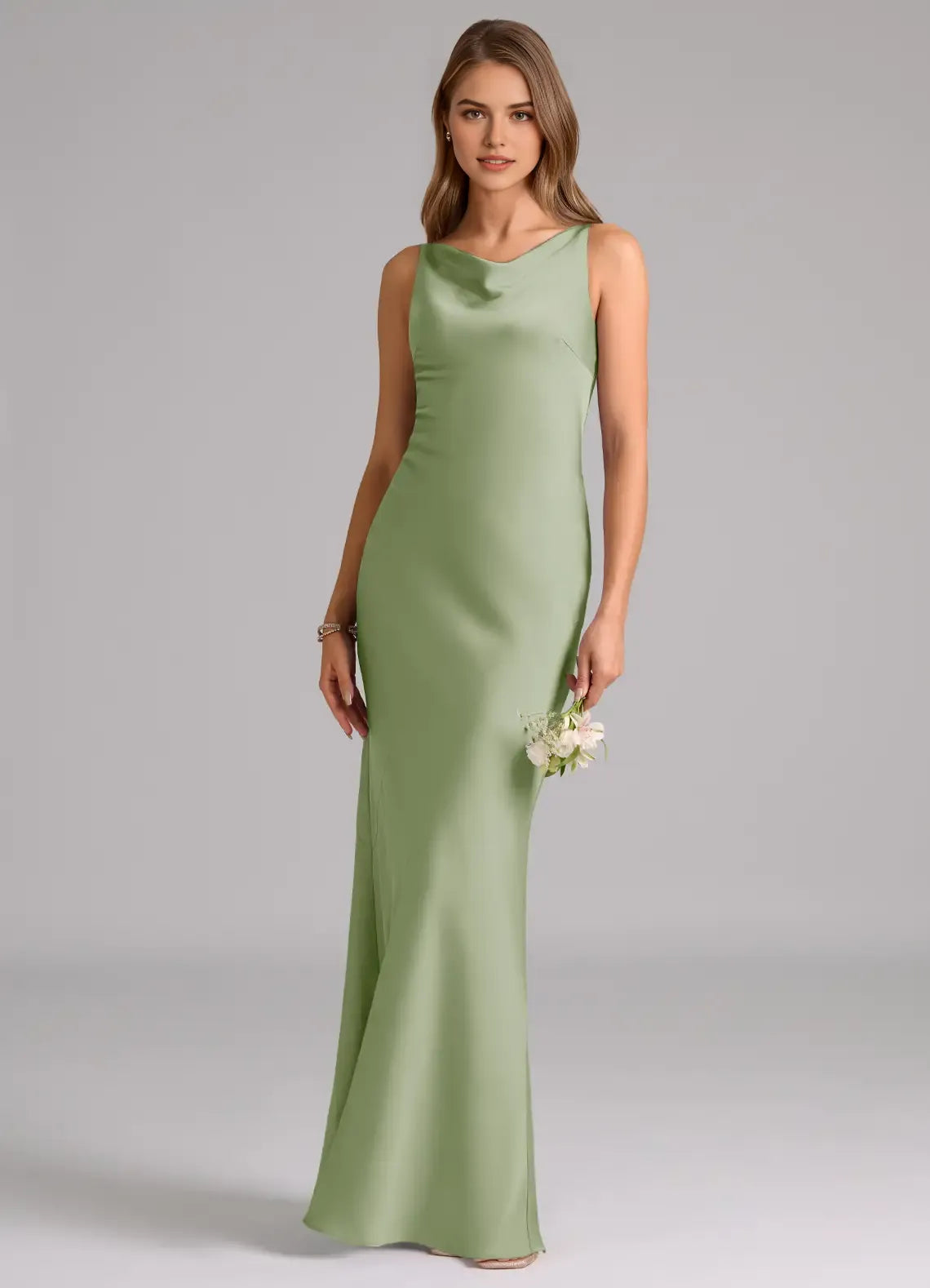Mermaid Cowl Neck Satin Sleeveless Open Back Floor-Length Wedding Dress - Chloe Dress