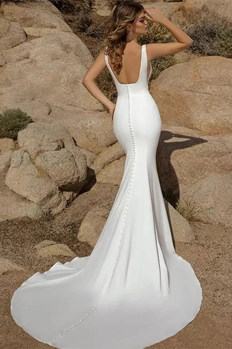 Square Neck Mermaid Wedding Dress Low Back Buttons Long Train