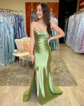 Olive Green Strapless Draped Slit Mermaid Satin Prom Dresses
