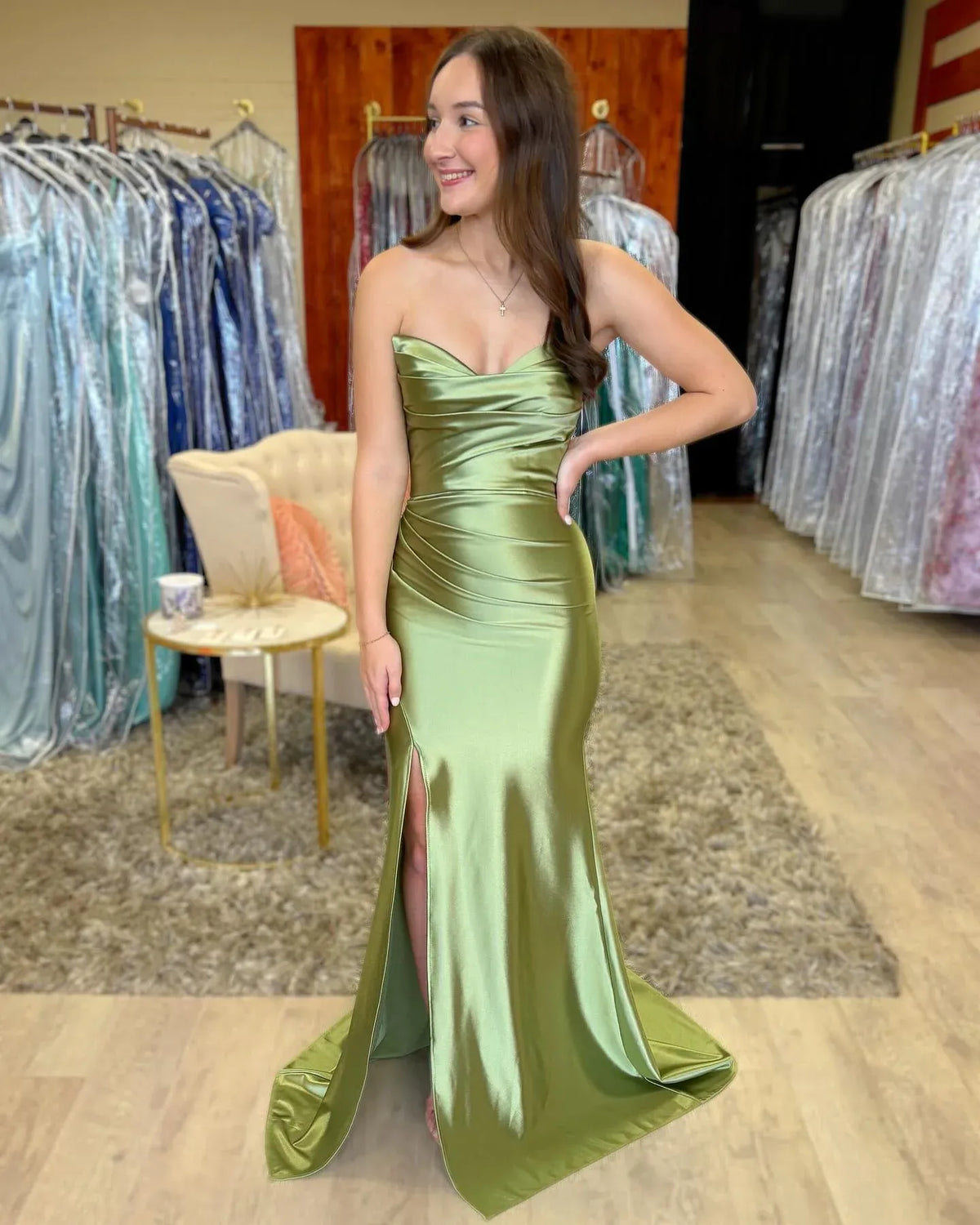 Olive Green Strapless Draped Slit Mermaid Satin Prom Dresses