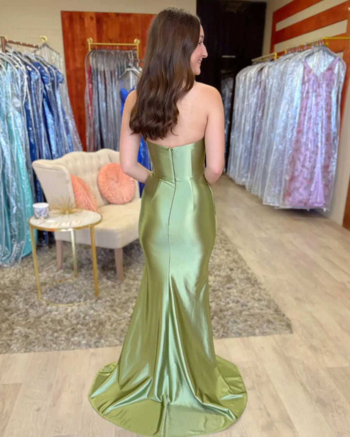 Olive Green Strapless Draped Slit Mermaid Satin Prom Dresses