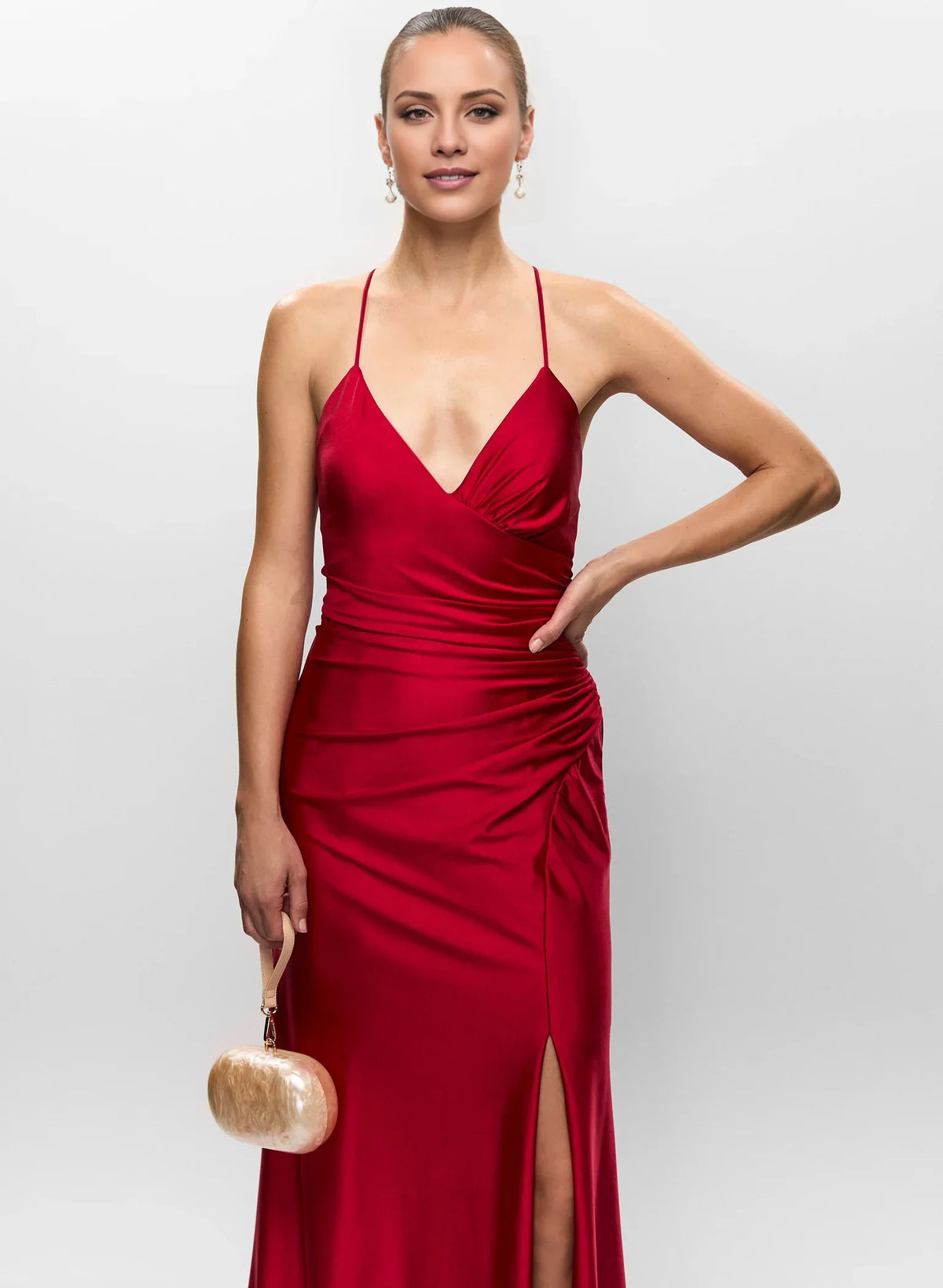 A-Line V-Neck Satin High Slit Floor-Length Evening Dress - Chloe Dress