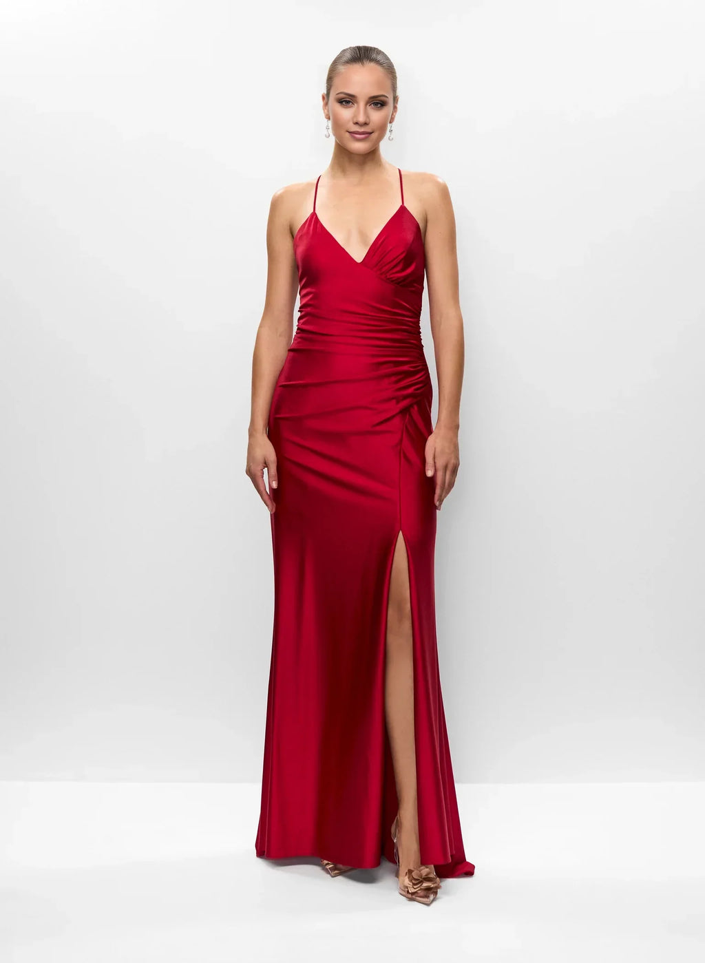 A-Line V-Neck Satin High Slit Floor-Length Evening Dress - Chloe Dress