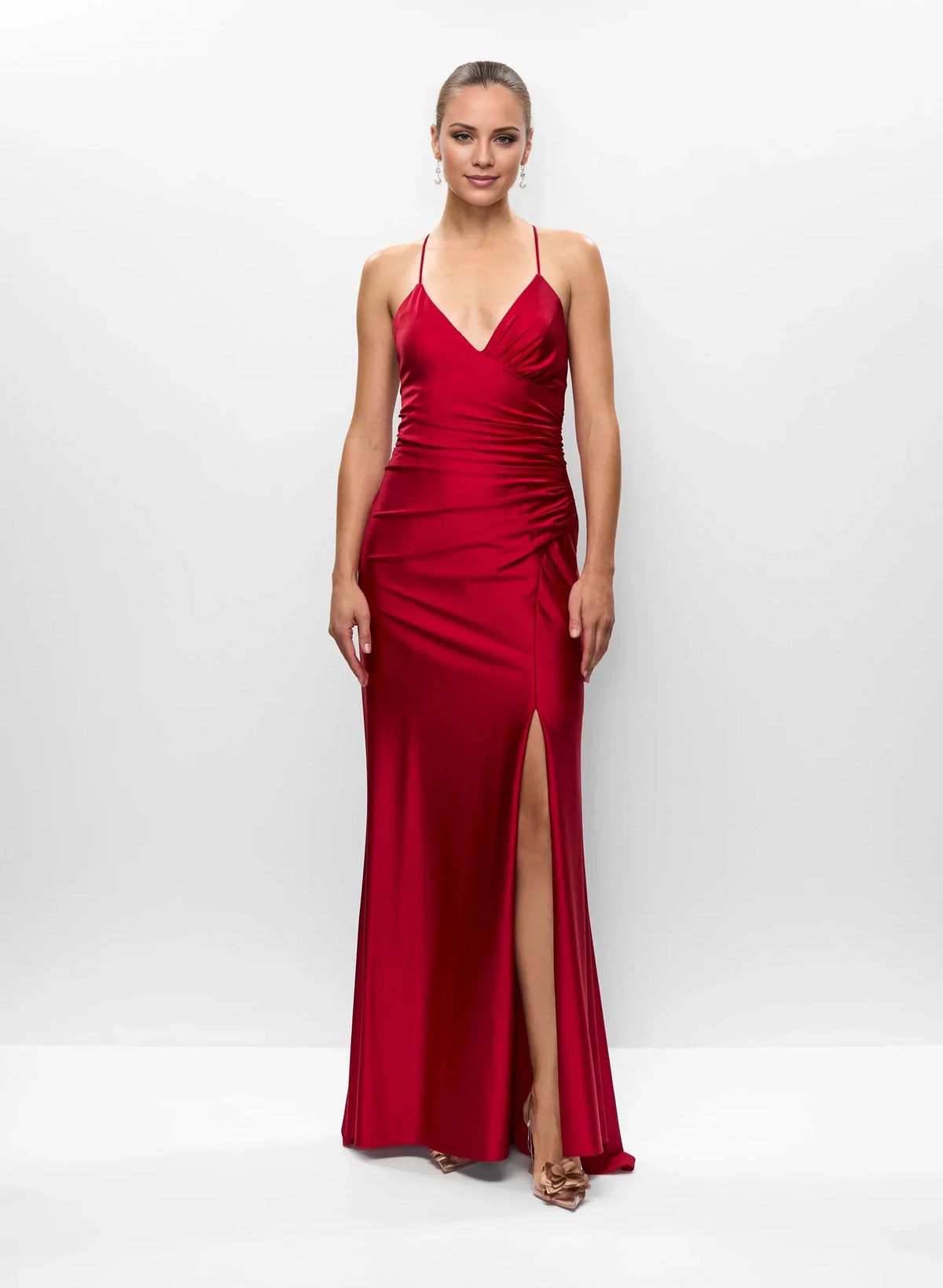 A-Line V-Neck Satin High Slit Floor-Length Evening Dress - Chloe Dress