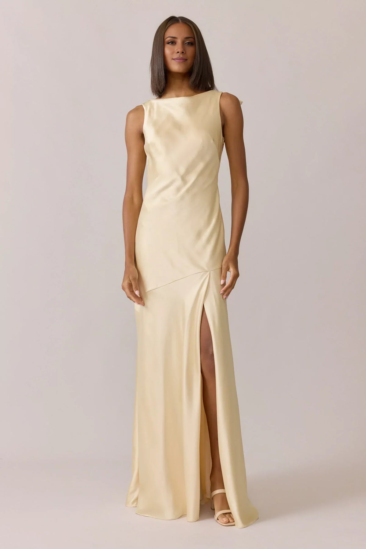 Champagne Satin Asymmetric Floor-Length Wedding Gown - Chloe Dress
