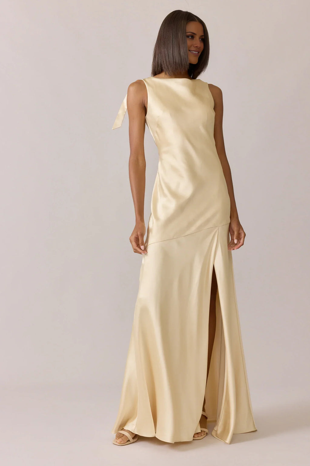 Champagne Satin Asymmetric Floor-Length Wedding Gown - Chloe Dress