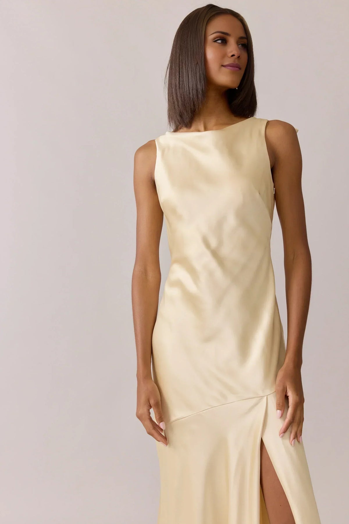 Champagne Satin Asymmetric Floor-Length Wedding Gown - Chloe Dress