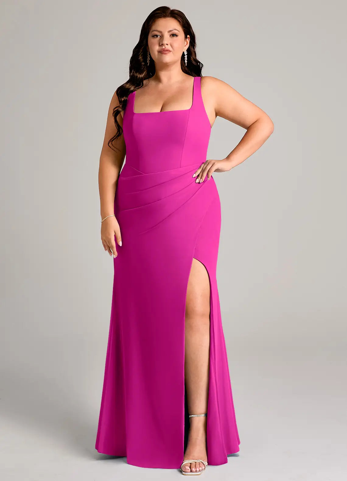 Square Neck Crepe Sleeveless High Slit Floor-Length Wedding Dress - Chloe Dress