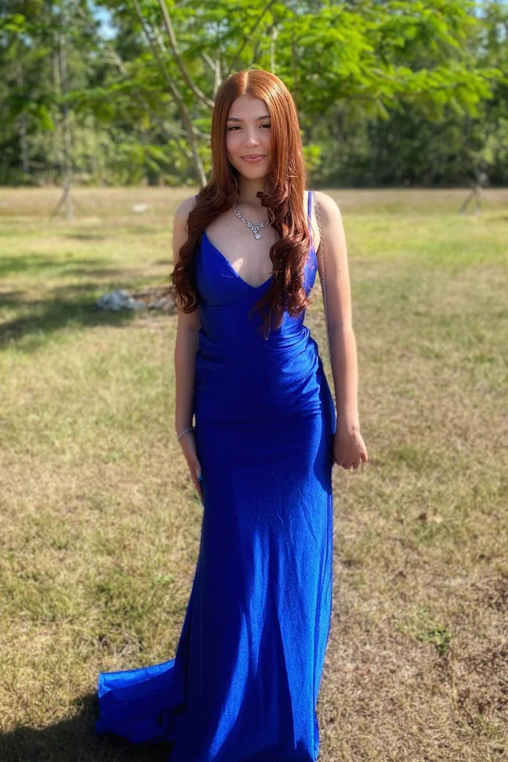 Mermaid V-Neck Satin Floor-Length Evening Dress - Chloe Dress