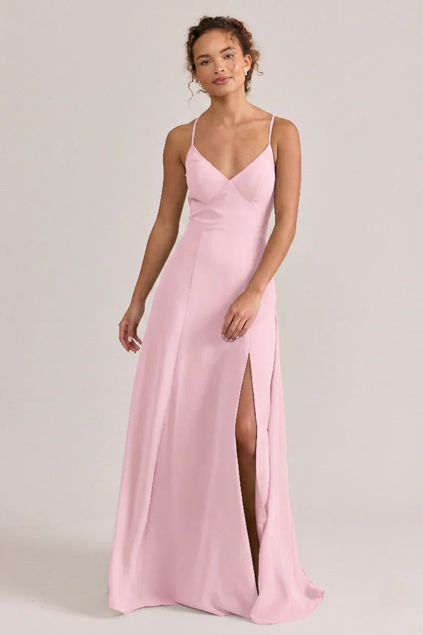 V-Neck Silk Open Back High Slit Floor-Length Evening Dress - Chloe Dress