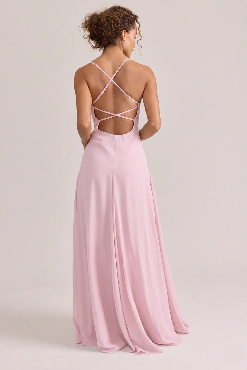 V-Neck Silk Open Back High Slit Floor-Length Evening Dress - Chloe Dress