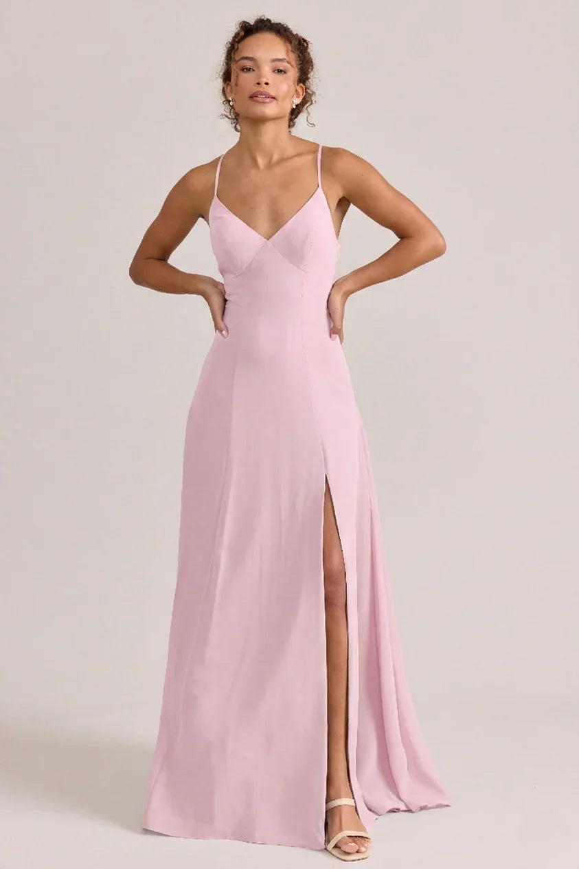 V-Neck Silk Open Back High Slit Floor-Length Evening Dress - Chloe Dress
