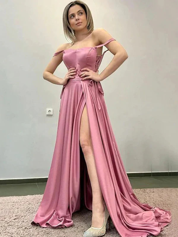A-Line Off-Shoulder Satin Open Back High Slit Floor-Length Evening Dress - Chloe Dress