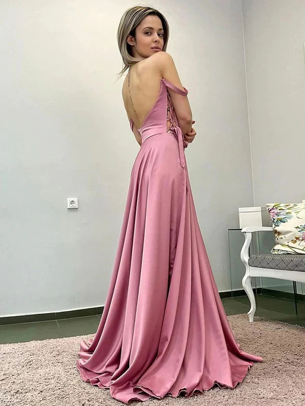A-Line Off-Shoulder Satin Open Back High Slit Floor-Length Evening Dress - Chloe Dress