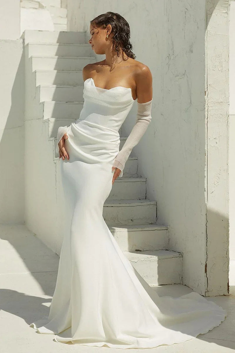 White Strapless Draped Satin Mermaid Wedding Dresses