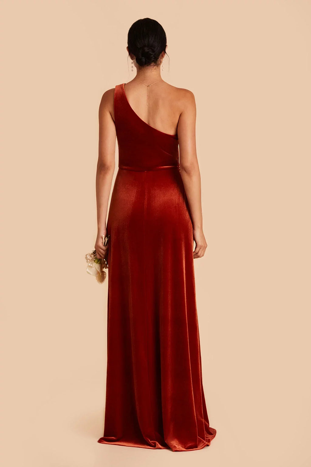 Orange One-Shoulder Velvet Open Back High Slit Floor-Length Wedding Dress - Chloe Dress
