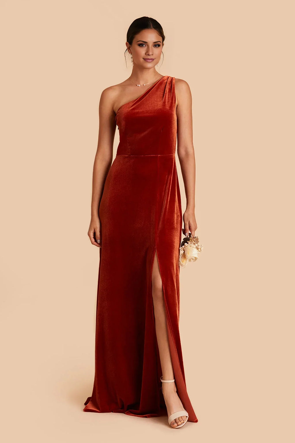 Orange One-Shoulder Velvet Open Back High Slit Floor-Length Wedding Dress - Chloe Dress