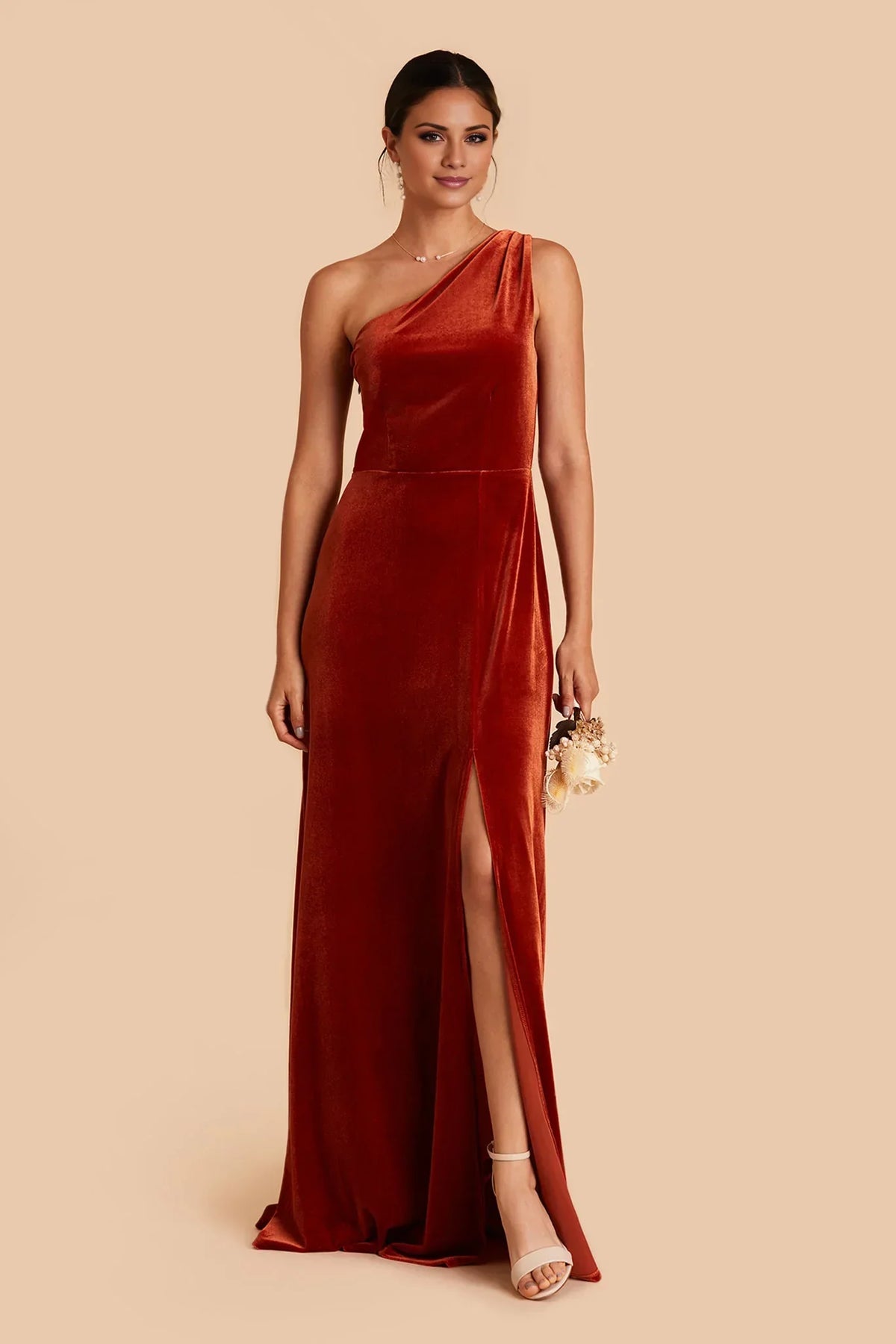 Orange One-Shoulder Velvet Open Back High Slit Floor-Length Wedding Dress - Chloe Dress