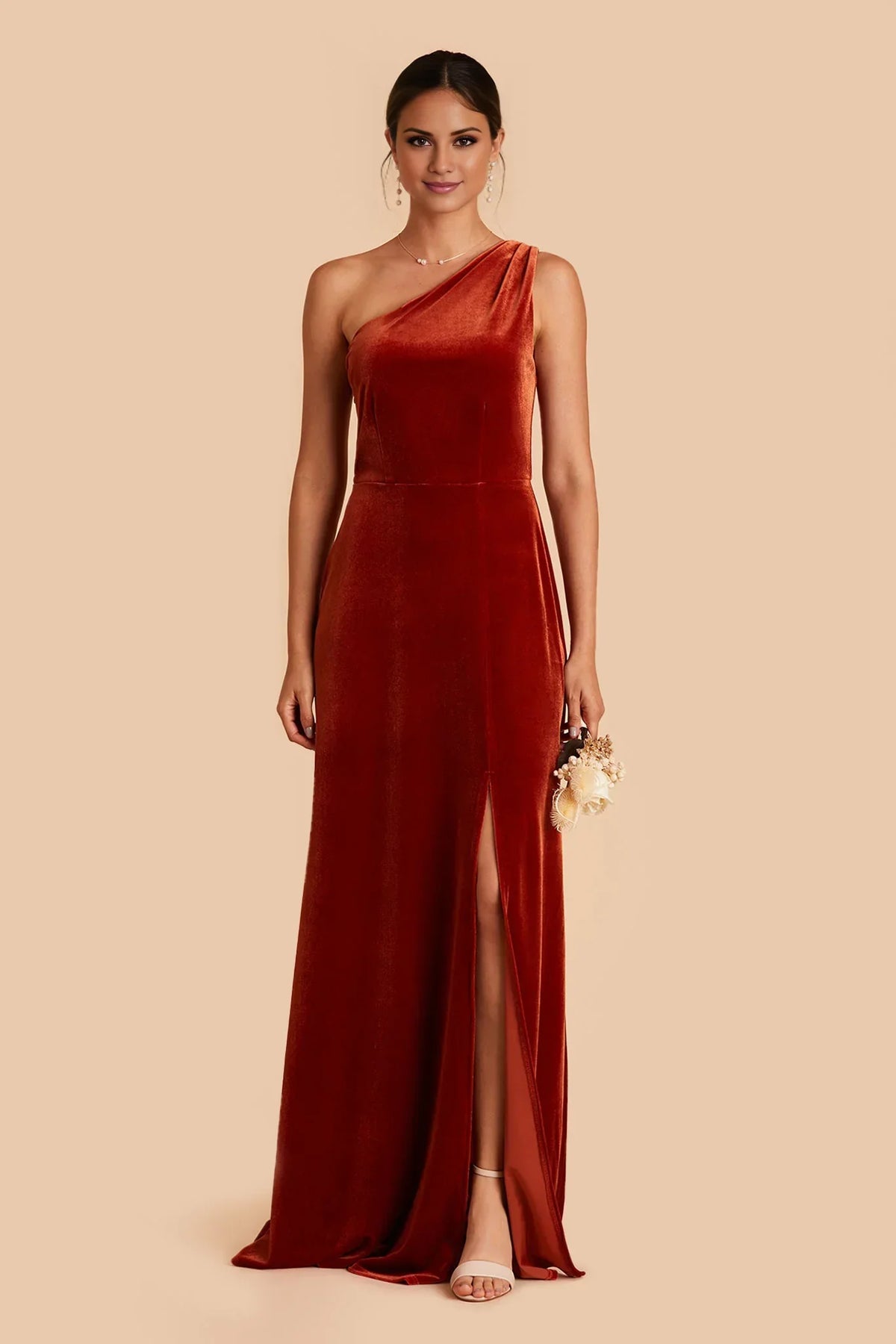 Orange One-Shoulder Velvet Open Back High Slit Floor-Length Wedding Dress - Chloe Dress