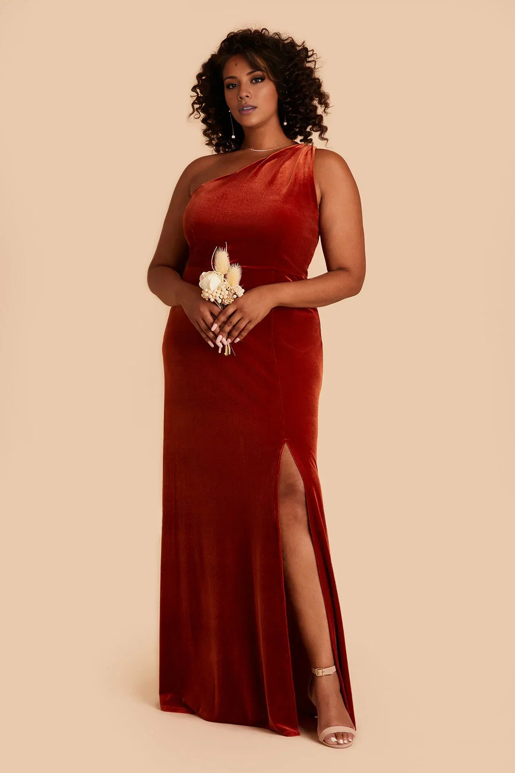 Orange One-Shoulder Velvet Open Back High Slit Floor-Length Wedding Dress - Chloe Dress