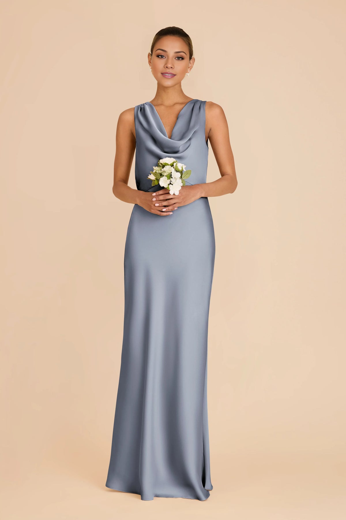 Blue Cowl Neck Satin Open Back Floor-Length Wedding Dress - Chloe Dress
