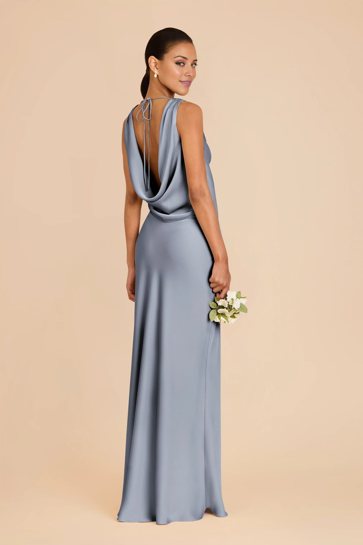 Blue Cowl Neck Satin Open Back Floor-Length Wedding Dress - Chloe Dress